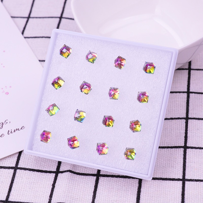 16pcs Crystal Stud Earrings Set, Plastic Post, Sensitive Ears